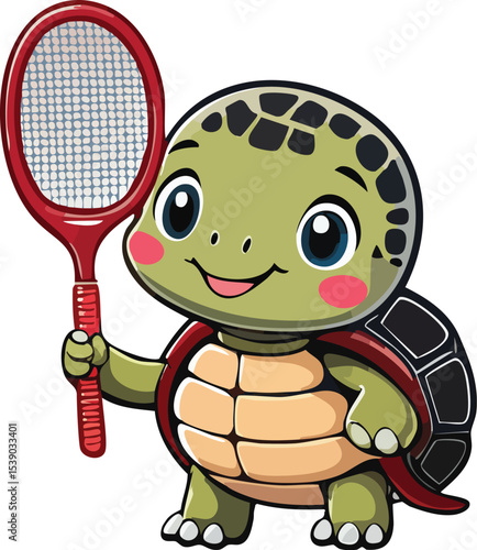 Cute Cartoon Turtle Playing Tennis with Racket