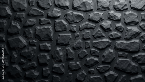 A dramatic,close-up shot of a textured black brick or stone wall,with strong,uneven lighting highlighting its rough,three-dimensional surface.The deep shadows and bright facets create a sense of depth