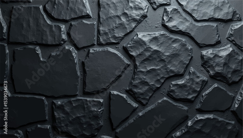 A dramatic,close-up shot of a textured black brick or stone wall,with strong,uneven lighting highlighting its rough,three-dimensional surface.The deep shadows and bright facets create a sense of depth