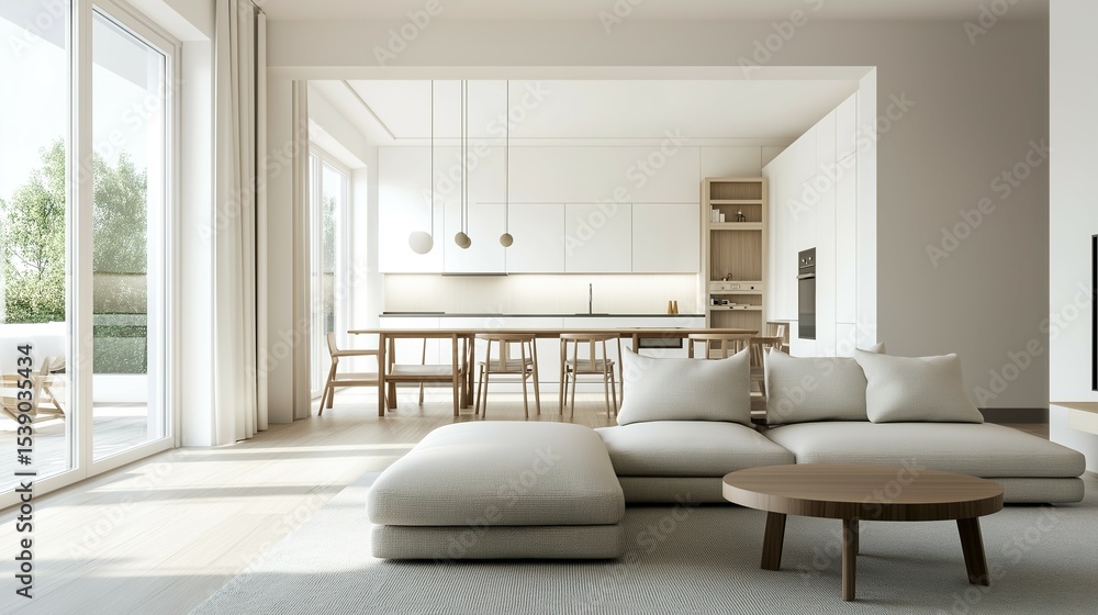 Fototapeta premium Minimalist living space with clean-lined furniture and neutral tones, embodying modern simplicity and calm elegance.