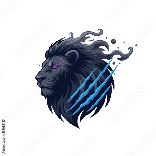 A mysterious and powerful black lion head, featuring glowing purple eyes and dynamic blue claw mark streaks. Its mane trails off into smoky, dark elements, conveying speed, stealth, and a formidable p