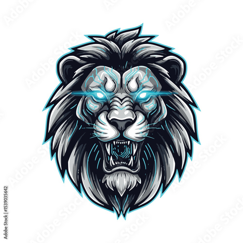A commanding lion head design, enhanced with electric blue accents and technological patterns. This powerful graphic is versatile for branding, gaming, sports, or any project requiring a symbol of str