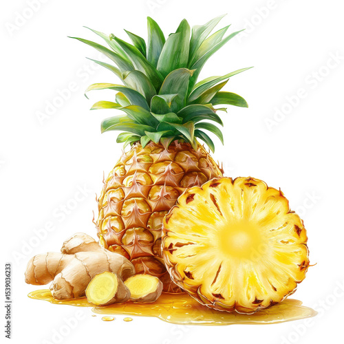 Fresh Pineapple and Ginger Root on a Light Background, Perfect for Juices and Healthy Recipes on transparent background