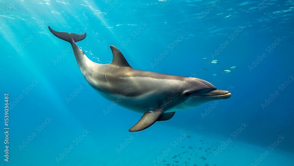 Fototapeta premium A dolphin swims gracefully through the clear blue ocean water with sunlight streaming from above the surface