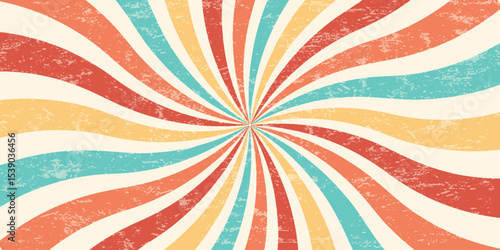 Spiral retro pattern background. Swirl groovy vector sun rays. Psychedelic radial burst with grunge texture. 70s starburst hypnotic illustration. Vintage circular abstract colorful bg