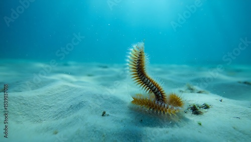 Fototapeta Naklejka Na Ścianę i Meble -  Underwater view of a bristle worm on the sandy seabed with sunlight filtering through the water above
