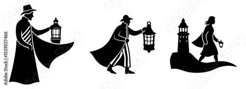 Silhouette set of vintage lantern bearers graphic art illustration