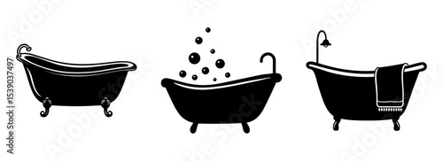 Silhouette set of collection of vintage clawfoot bathtub illustrations
