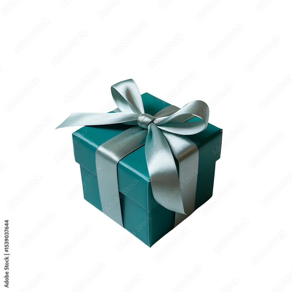 Obraz premium Blue gift box with silver ribbon, isolated on transparent background