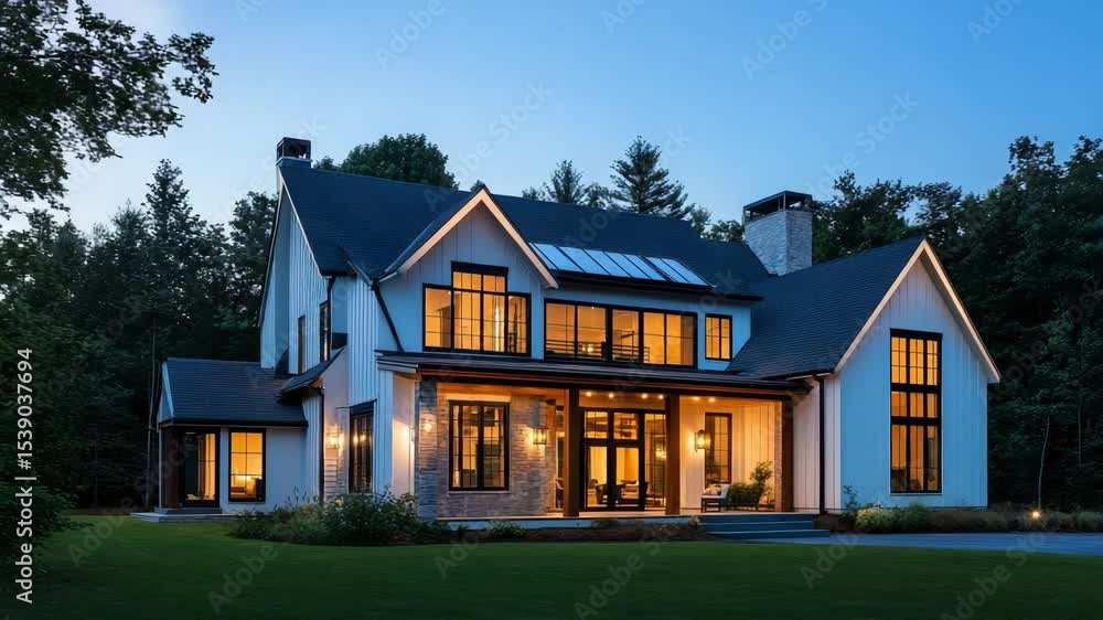 Beautiful contemporary farmhouse-style home illuminated in soft evening light Beautiful contemporary farmhouse-style home illuminated in soft evening light