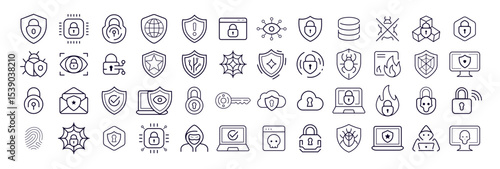 Cyber Security Icon Set Outline Style For Web Protection, Data Privacy, Firewall, Lock, Network Access, Digital Safety Projects. Clean Modern Look. Vector Illustration