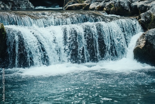 Beautiful summer waterfall flowing seamlessly over rocks in a tranquil natural setting, In summer, a beautiful waterfall flows seamless ing background