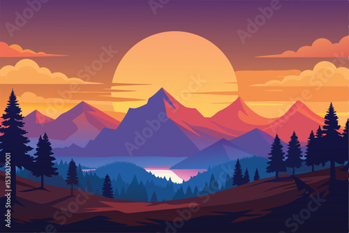 Majestic Mountain Sunset A Vibrant Landscape Illustration