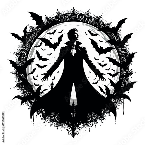Silhouette of a Vampire Surrounded by Bats in a Gothic Style