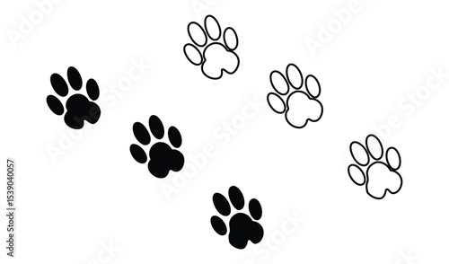 Paw prints in black and white isolated on white background show animal tracks