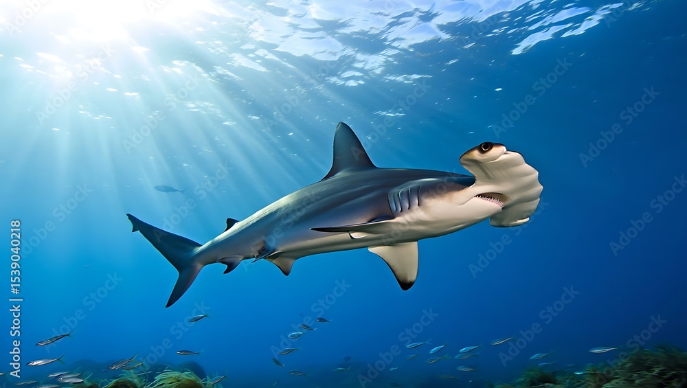 Fototapeta premium A hammerhead shark swims in the ocean with sunlight shining through the water near the ocean floor