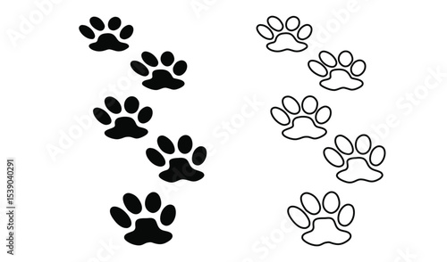 Paw prints in black and white show animal tracks isolated on white background
