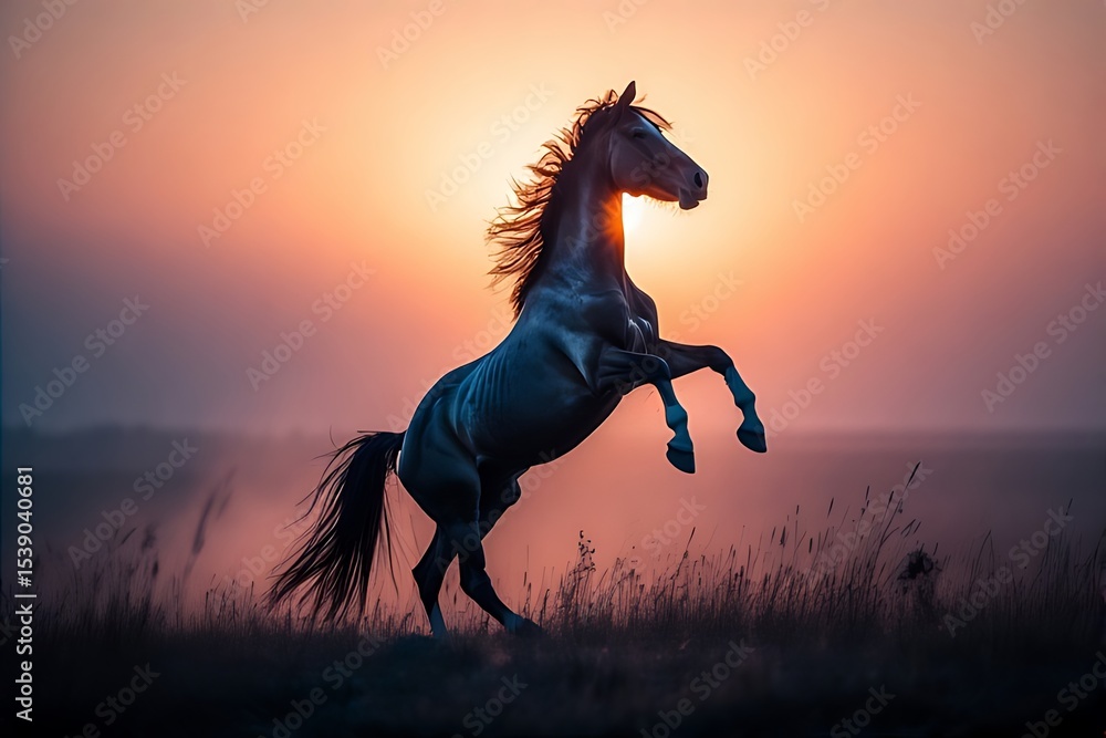 Silhouette of a wild horse rearing at sunrise Silhouette of a wild horse rearing at sunrise