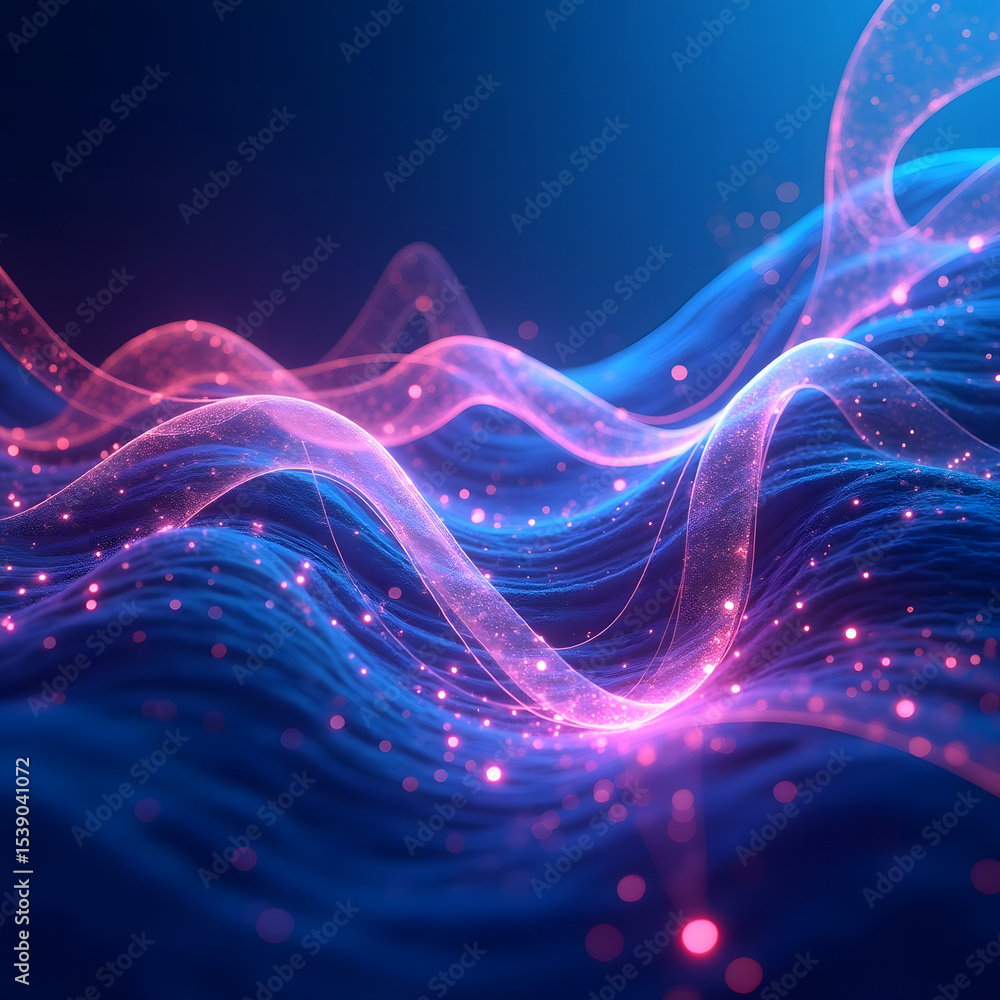 Fototapeta premium Neon Light Waves with Pink and Blue Glowing Lines and Dots on Dark Background