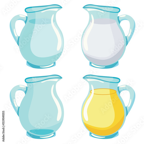 Glass jug for liquid vector drawing. The jug is empty, a jug with water, juice and milk. A set of four objects on a white background.