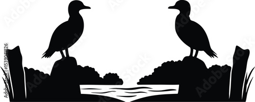 Two Birds Watching the River – Peaceful Silhouette Nature Art