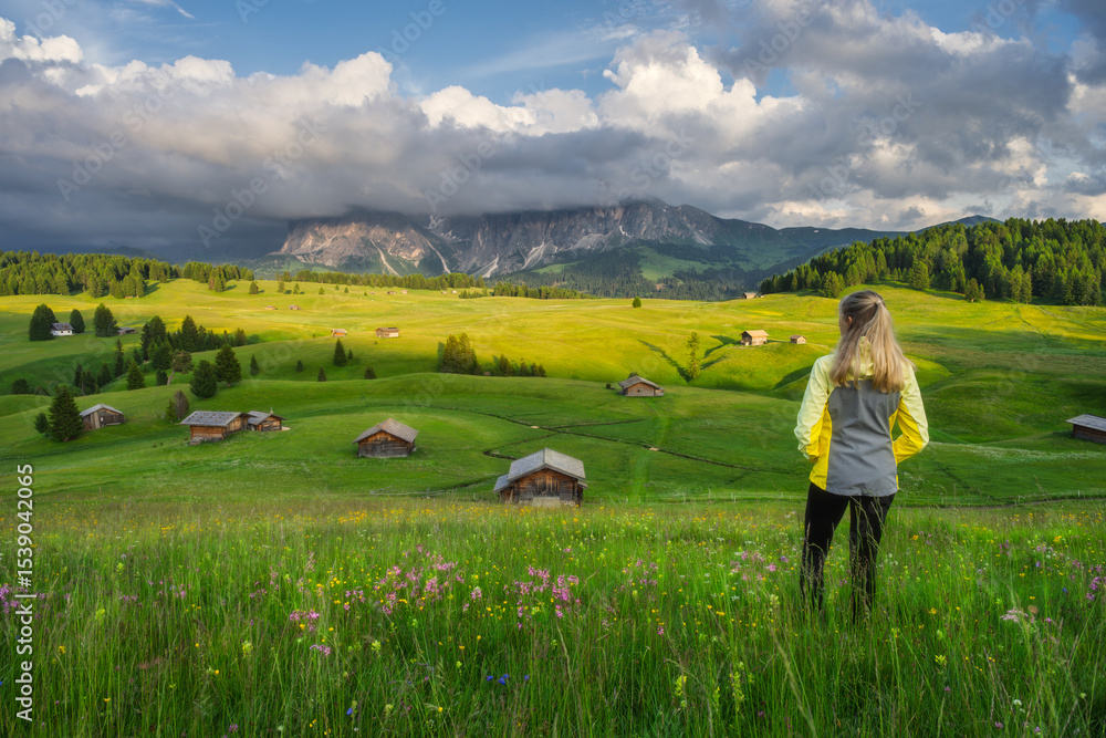 Naklejka premium Young woman on the meadow with yellow flowers and green grass in beautiful alpine mountain valley at sunset in summer. Alpe di Siusi, Dolomites, Italy. Girl, wooden houses, hills, rocks, cloudy sky