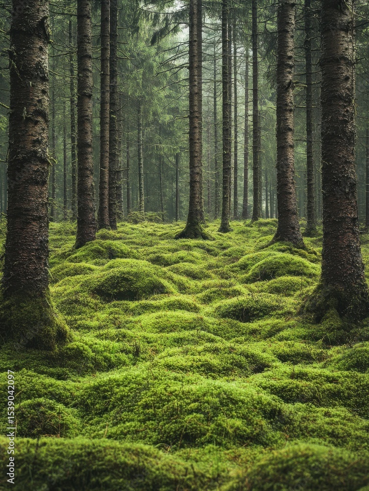 Fototapeta premium enchanting scandinavian forest landscape with ancient pine trees covered in thick green moss, mystical nordic wilderness photography