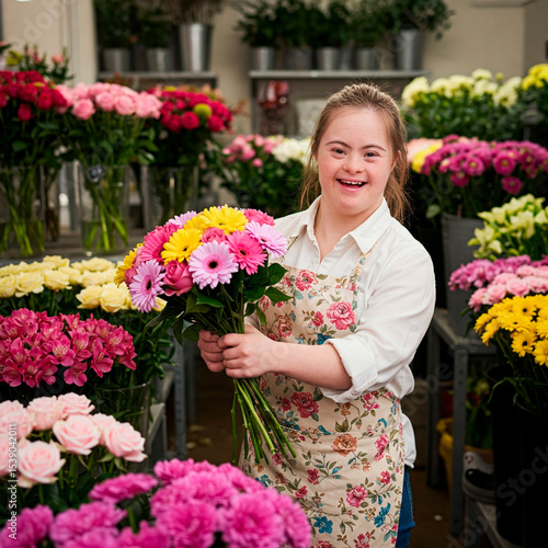 Happy Florist with Down Syndrome Holding a Bouquet