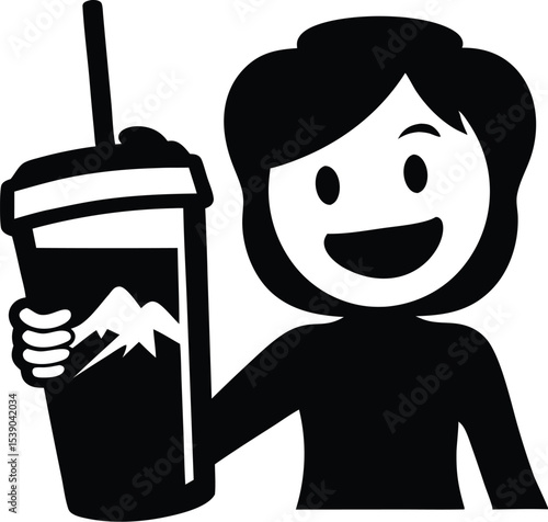 Happy Character Holding Drink Cup – Black and White Vector Icon