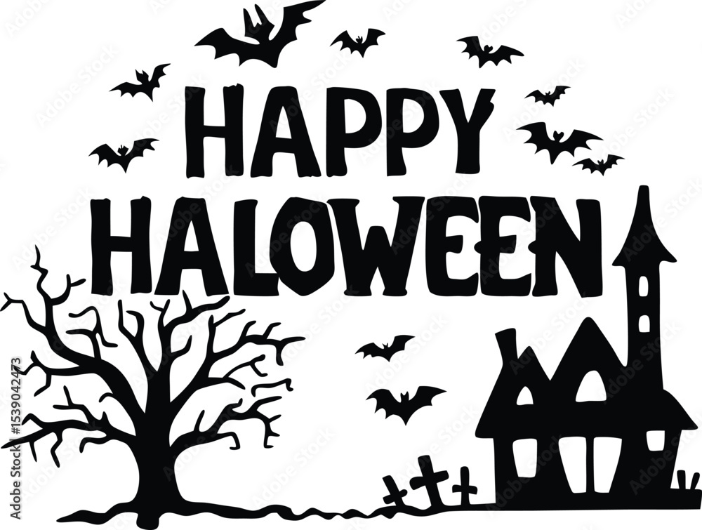 Fototapeta premium Happy Halloween Vector with Haunted House Bats Tree and Tombstones