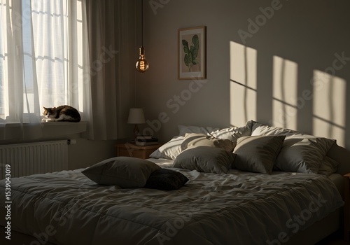 Serene Bedroom with Sunlight Streaming Through Window, Cozy Cat on Sill