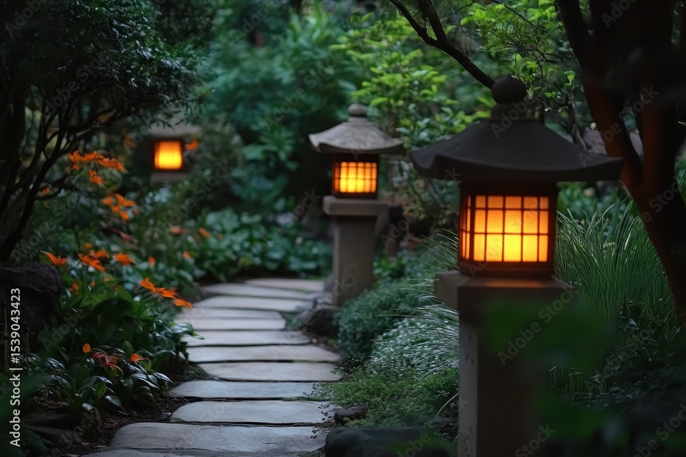 Serenity of a lantern lit garden pathway under soothing twilight, Serenity of Lantern Lit Garden Serenity of a lantern lit garden pathway under soothing twilight, Serenity of Lantern Lit Garden