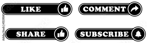 Like comment share subscribe buttons vector black and white media social interaction engagement icons on white background. Icon Set for Channel. Vector illustration