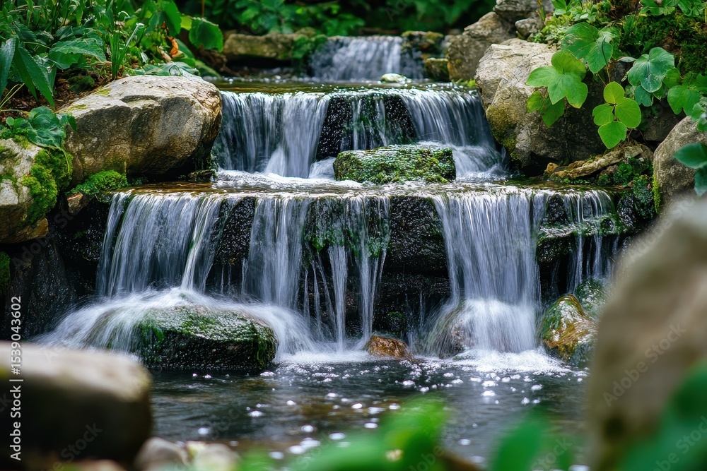 Fototapeta premium Cascading waterfall in lush jungle forest of Tasmania under soft sunlight, Scenic waterfall in jungle forest of Tasmania Australia Beautiful nature