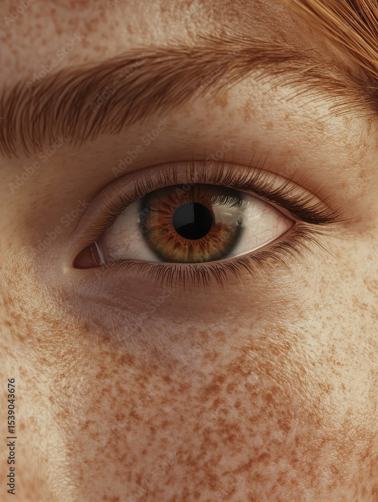 Obraz premium Detailed close-up of freckled skin and eye showcasing natural beauty and texture, perfect for skincare and beauty themes.