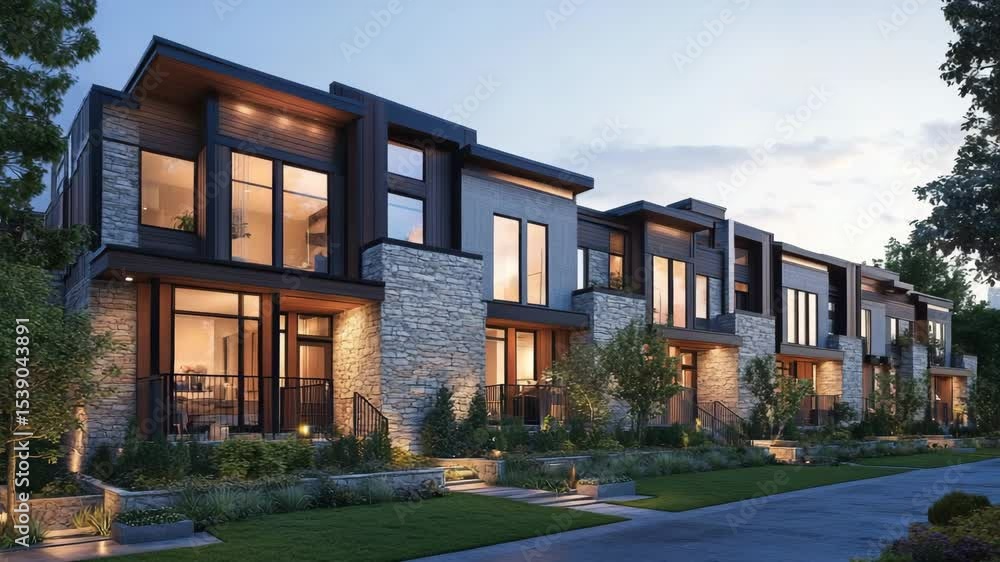 Contemporary townhomes featuring stone and wood facades in urban setting