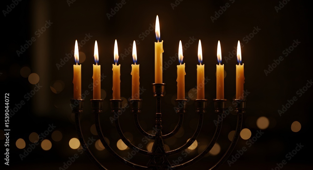 Close-up of a lit menorah with glowing candle flames Close-up of a lit menorah with glowing candle flames