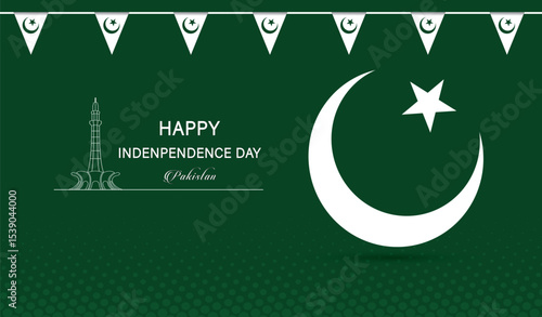 Pakistan Independence Day banner, card, poster, template with flag, moon, star, sparking lights, typography with green background 
