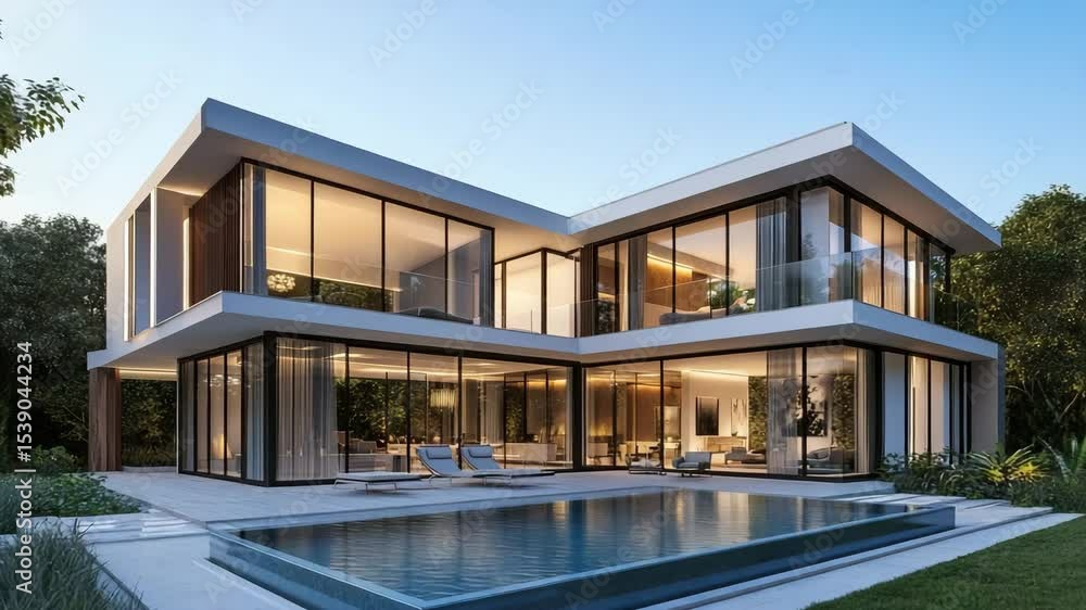 Contemporary two-story home with expansive glass windows and a sleek swimming pool, perfect for luxury residential design Contemporary two-story home with expansive glass windows and a sleek swimming pool, perfect for luxury residential design