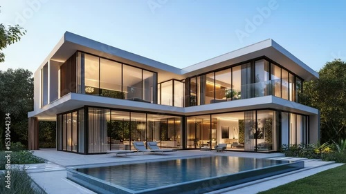 Wallpaper Mural Contemporary two-story home with expansive glass windows and a sleek swimming pool, perfect for luxury residential design Torontodigital.ca