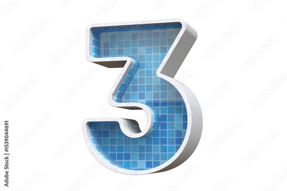 3D number 3 shaped like a swimming pool with blue mosaic tiles. High quality 3D rendering. 3D number 3 shaped like a swimming pool with blue mosaic tiles. High quality 3D rendering.