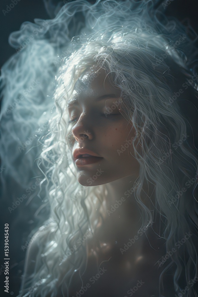 A serene portrait of a woman with closed eyes, surrounded by ethereal white hair and shimmering light, evoking a sense of peace and tranquility . A serene portrait of a woman with closed eyes, surrounded by ethereal white hair and shimmering light, evoking a sense of peace and tranquility .