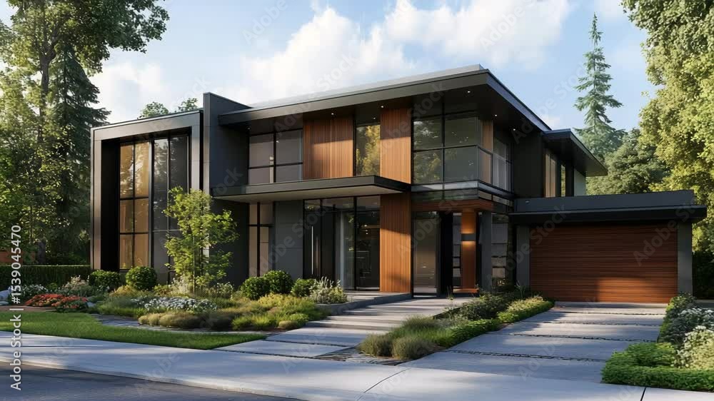 Daytime view of modern home exterior featuring sleek design, landscaped garden, and clean driveway layout Daytime view of modern home exterior featuring sleek design, landscaped garden, and clean driveway layout
