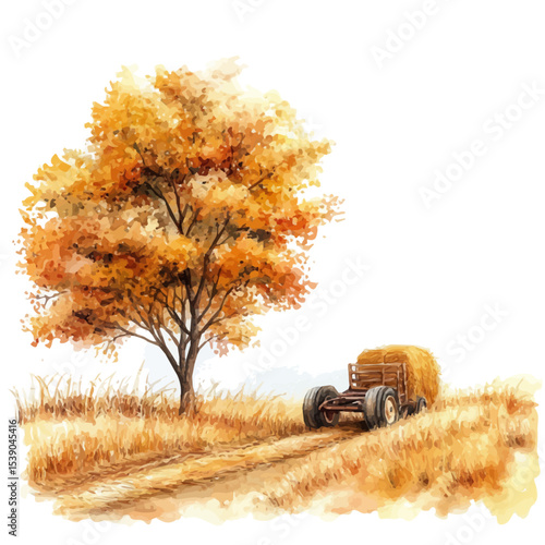 watercolor of Autumn Hayride Through Fields, vector, isolated on a white background.