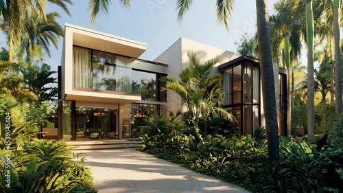 Dream home featuring modern two-story design, lush garden, and tall palms under clear sky