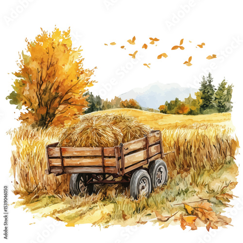 Autumn Hayride Through Fields, watercolor vector, isolated on a white background.