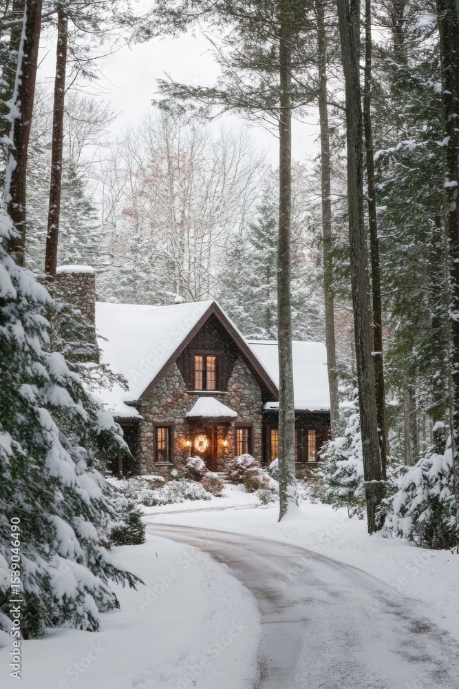 Charming winter cabin nestled among snow-covered trees in a serene forest setting, illuminated by warm lights while winter beauty encases the surroundings Charming winter cabin nestled among snow-covered trees in a serene forest setting, illuminated by warm lights while winter beauty encases the surroundings