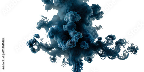 Beautiful blue smoke plume isolated on transparent background. bright orange paint color powder festival background.	