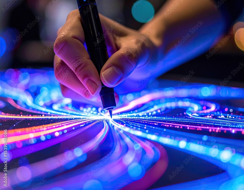 Hand draws colorful digital art using stylus, creating abstract light design. Hand draws colorful digital art using stylus, creating abstract light design.