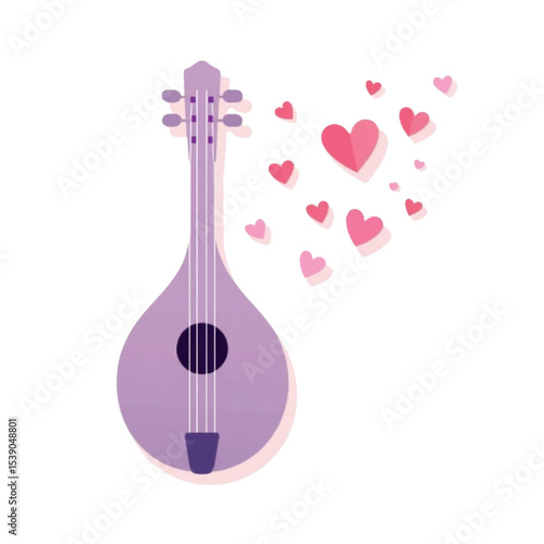 Purple mandolin with musical notes and hearts floating around   on transparent background